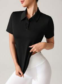 Easithlete Casual Sports Solid Color Short Sleeve Polo Shirt - Black - View 1