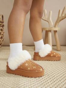 Mini mi 畅销款毛绒星星印花儿童驼色厚底拖鞋——俏皮、舒适的设计，非常适合度假 - 駝色 - 查看 3