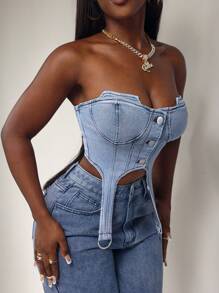 Slaydiva Women's Y2K Single-Breasted Asymmetric Hem Sexy Tube Top Denim Blouse - Blue - View 6