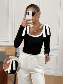 SHEIN Frenchy Women's Casual Contrast Color Round Neck Bowknot Bodysuit, Autumn And Winter,Contrast Color Bow Decoration, Tight-Fitting Long-Sleeved Black And White Bodysuit With Square Round Neck