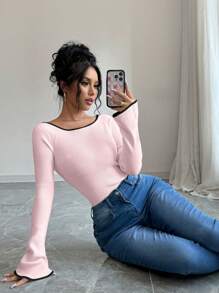 Elenzga Valentine's Day Pink Fitted Flare Sleeve Women Sweater Knit Pullover Fall Winter - Pink - View 3