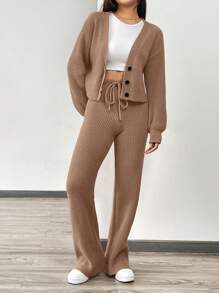 SHEIN EZwear 秋冬季女士休闲纯色长袖针织开衫两件套 - 咖啡棕 - 查看 6