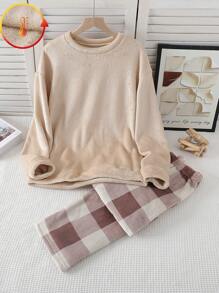 2pcs Tween Girls Flannel Plaid Pants And Solid Beige Long Sleeve Top Casual Pajama Set, Sibling/Matching Outfits (Sold Separately)