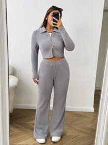 SHEIN EZwear Plus Size Women Solid Color Zipper Collar Long Sleeve Top And Pants Casual 2 Pieces Set, Autumn/Winter - Grey - View 6