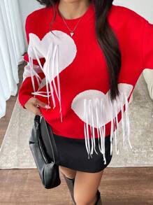 SHEIN Unity Loose Fit Contrast Color Heart Embellished Pullover Sweater For Autumn/Winter, Cozy & Casual For New Year Knit Pullover Fall - Red - View 1