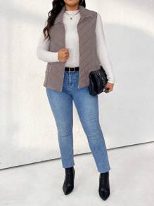 SHEIN LUNE Plus Slant Pockets Vest Đệm Áo Khoác Đệm, Cho Quần Áo Mùa Đông - màu nâu - Xem 3