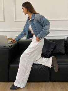 DAZY 做旧水洗宽松翻领长袖褪色女式牛仔夹克和外套 - 藍色 - 查看 7