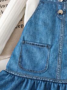 SHEIN 2 Pieces Baby Girl Knitted Long Sleeve Top And Bib Overall Dress Set, Autumn/Winter