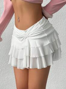 SHEIN EZwear 不对称下摆褶饰腰蛋糕裙 - 白色 - 查看 3