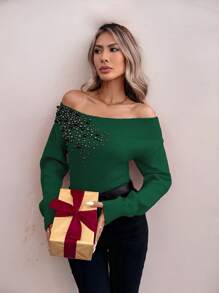 SHEIN Clasi 女士优雅铆钉露肩毛衣，秋冬针织套头衫 - 綠色 - 查看 4