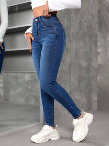 SHEIN EZwear Women's Front Button Pocket Simple Denim Jeans, Casual Daily Wear