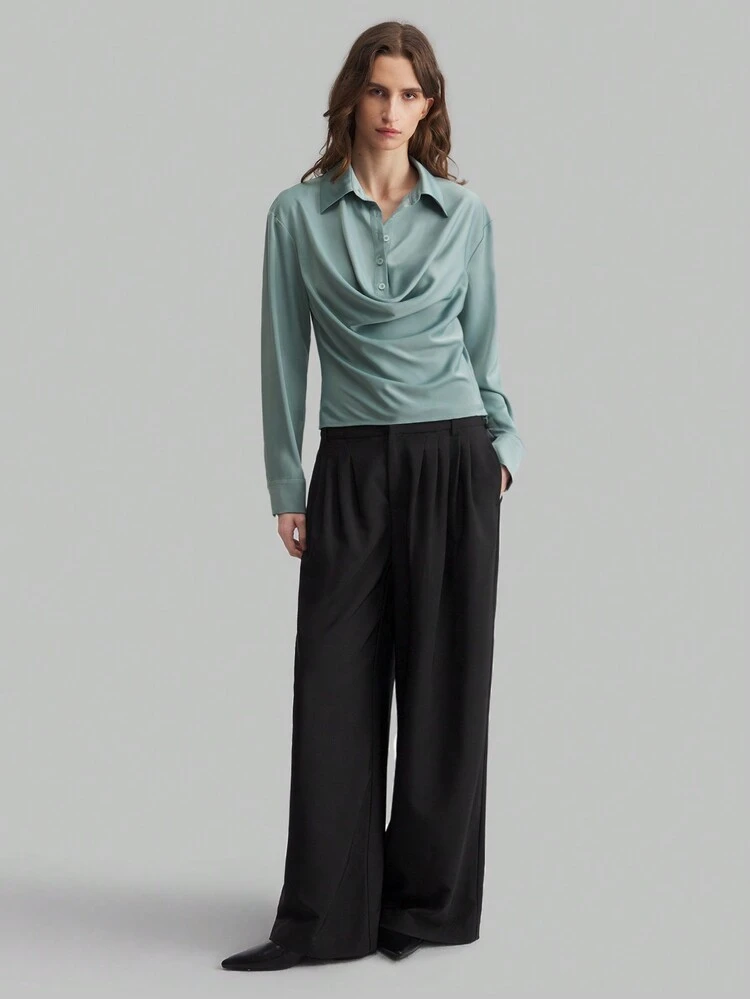 Elegant Business Casual Women Blouse With Lapel Collar, Olive Green Long Sleeve Shirt For Autumn, Slim Fit Back To School