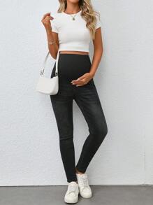 SHEIN Women's Light Color Casual Maternity Knitted Patchwork Skinny Jeans, All-Season Regular Fit