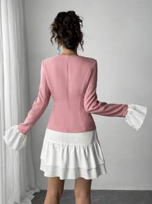Chiquease Women's Contrast Color Splice Tweed Ruffle Hem Elegant Dress, Long Sleeve Fall Cloth For Women - Pink - View 2