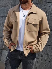 Manfinity Homme Plus Size Men's Solid Color Front Zipper Long Sleeve Pocket Casual Jacket, Going Out Fashion Khaki Lightweight Jacket, For Friends, Husband, Boyfriend Gifts - Khaki - View 5