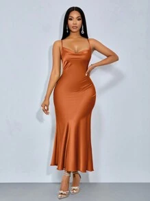 SOLERSUN Hanging Neck, Suspender, Swing Collar, Pocket Collar, Low Waist, Cross Open Back, Fishtail, Long Green Matcha Green Dress, Sexy And Elegant Party Dress, Sisters Evening Dress, Ladies Dress Maxi Satin Women Outfit - Rust Brown - View 5