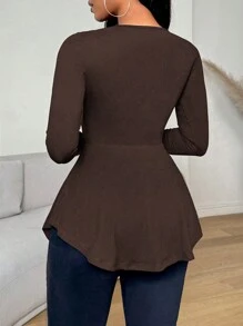 VaVaBold 纯黑色露肩荷叶边下摆修身长袖女式 T 恤、黑色上衣、秋季服装、秋季女装、喇叭裤 - 棕色 - 查看 2