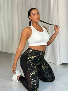 SHEIN Sport Studio Plus Size All-Over Print Elastic Waist Fitness Leggings, Suitable For Yoga Exercises