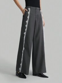 Quần ống đứng màu xám dành cho nữ với 4% len, ren vá màu xám, phù hợp với trang phục mùa thu và mùa đông - Xám - Xem 6