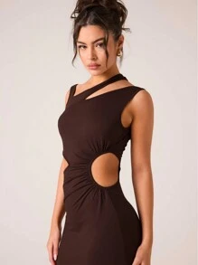 Glamine Vestido asimétrico sin mangas de punto elegante y sexy de color marrón café con escote hueco para mujeres, atuendo largo para otoño/invierno, Año Nuevo y Día de San Valentín