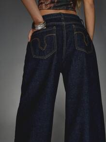 MISSGUIDED Western Style Wide Leg Denim Jeans High Waist Baggy Pants Y2K Fashion 90s Streetwear Fall Winter Casual Loose Fit Retro Trousers - Dark Wash - View 3