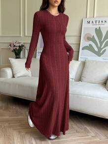 SHEIN EZwear Váy len dệt kim màu trơn cổ tròn dài thường ngày cho nữ, mùa thu/đông - Màu Đỏ Sâu - Xem 7