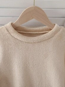 2pcs Tween Girls Flannel Plaid Pants And Solid Beige Long Sleeve Top Casual Pajama Set, Sibling/Matching Outfits (Sold Separately)