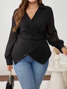 SHEIN Frenchy 大码纯色前扣长袖休闲黑色衬衫