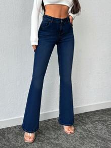 SHEIN Cottnline Casual Washed Slim Fit Flare Jeans - Dark Wash - View 3