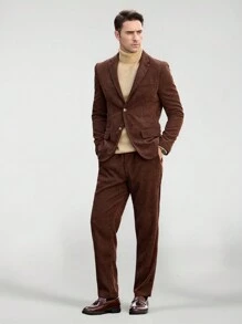 Manfinity VCAY Bộ 2 áo khoác blazer tay dài cổ ve may đo cho nam và quần ống đứng cạp chun, phù hợp mặc đi làm, mùa thu/đông - màu nâu - Xem 4