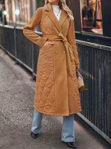 SHEIN LUNE Abrigo casual de invierno para mujer de unicolor, con cuello de solapa, doble botonadura y relleno, para otoño