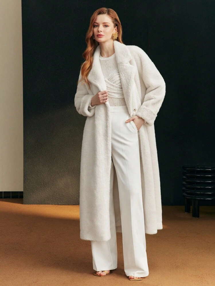 FLUFFY SOLID LAPEL COLLAR SLANT POCKET LONG COAT