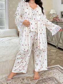 CottageSlumber Set de 3 piezas de bata de terciopelo con adorno de encaje y estampado de cerezas romántico, para otoño/invierno