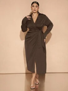 SHEIN BAE Plus Size Fall And Winter Elegant Daily Commuting Party Women Green Satin Overlap Wrap Drape Asymmetric Slit Bowknot Long Sleeves With Buttons Long Dress Party Wear Christmas Wear Commuting Wear New Year Eve Dress New Years Dress Christmas Women Dress Christmas Women Clothes Christmas Dress Christmas Party Dress Thanksgiving Women Outfit Elegant Dress Holiday Dress Christmas Outfits