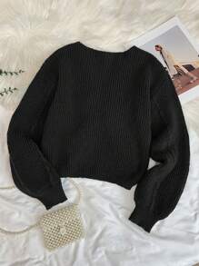 Tween Girls' Loose Casual Fashion Ruched Short Solid Comfortable Long Sleeve Pullover Sweater - Black - View 2