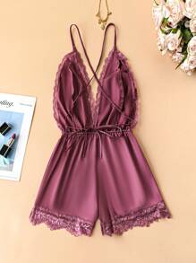 SilkySpell 蕾絲拼接交叉露背緞面吊帶連體短褲 - 中紫紅色 - 查看 2
