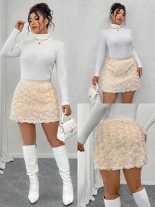 Celure Plus Size Elegant Apricot A-Line Skirt, 3D Rose Floral Decor Knee Length Skirt, Suitable For Valentine's Day