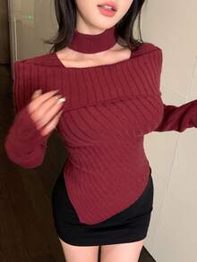 DAZY Áo len nữ cổ yếm không đối xứng ôm sát màu trơn, quần áo mùa thu - Màu Đỏ Sâu - Xem 7