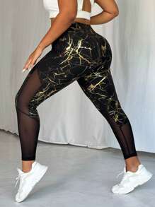 SHEIN Sport Studio Plus Size All-Over Print Elastic Waist Fitness Leggings, Suitable For Yoga Exercises