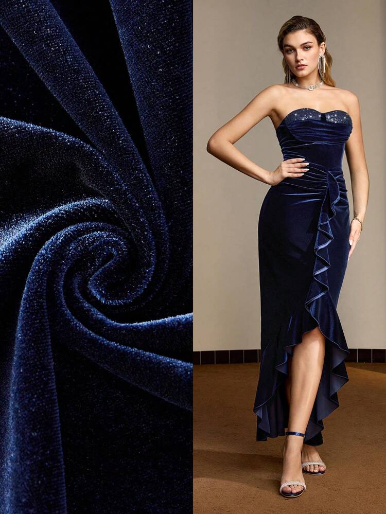 VESTIDO LARGO DE TUBO CON VOLANTE ASIMÉTRICO CON VOLADO, CONTRASTE DE TERCIOPELO Y LENTEJUELAS