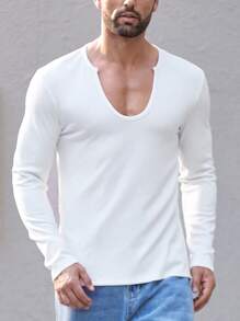 Manfinity Homme Men Solid Color Round Neck Long Sleeve Plain T-Shirt, Casual And Fashionable For Everyday Wear, For Gym