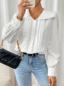 Calvaya Blusa blanca holgada de manga larga con cuello Peter Pan, bajo de encaje y recortes, estilo romántico francés y plisados
