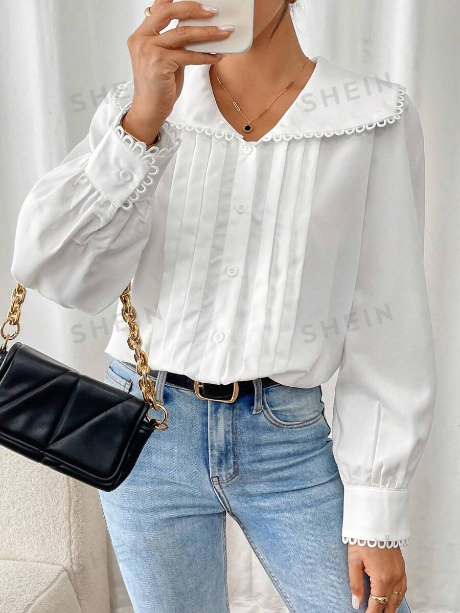 Calvaya Blusa blanca holgada de manga larga con cuello Peter Pan, bajo de encaje y recortes, estilo romántico francés y plisados