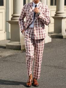 Manfinity Homme Men's Plaid Double-Breasted Suit: Blazer And Trousers Set - Khaki - View 5