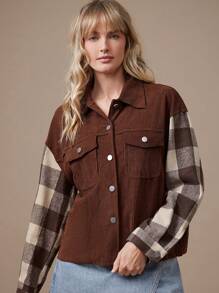 WESTFADE Western Corduroy Plaid Buffalo Check Long Sleeve Button Down Collar Shirt Jacket - Nashville Outfits - Brown - View 1