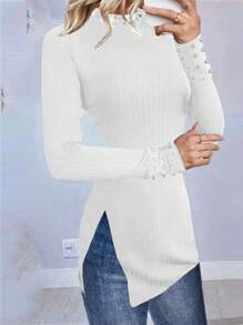 SHEIN LUNE Dames Slim Fit Lange Mouw Parel Versierd Hoge Hals Split Zoom T-shirt, Herfst/Winter