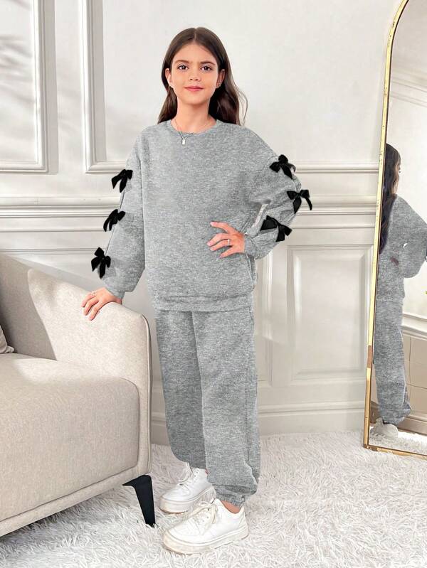 SHEIN Tween-Mädchen Strick-Sweatshirt-Set im Retro-Preppy-Stil mit Farbblock und Schleife, Rundhalsausschnitt, Langarm