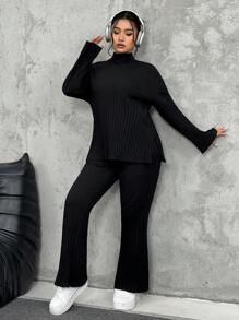 SHEIN EZwear Plus Size Solid Color Stand Collar Long Sleeve Casual Top And Pants 2 Pieces Set