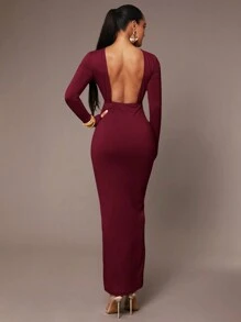 Silquee Women's Basic Slip Dress With Sexy Deep Back, Waist Folds, Skin-Friendly Long Sleeve Floor Length Tight Dress, Ash Gray