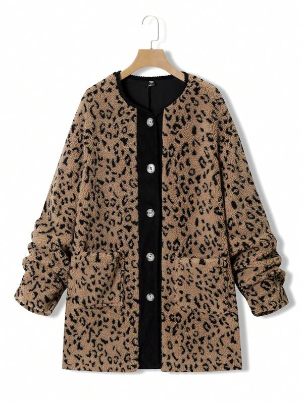 Lacomfia Plus Size Leopard Print And Solid Color Patchwork Front Button Long Sleeve Pocket Casual Loose Outerwear